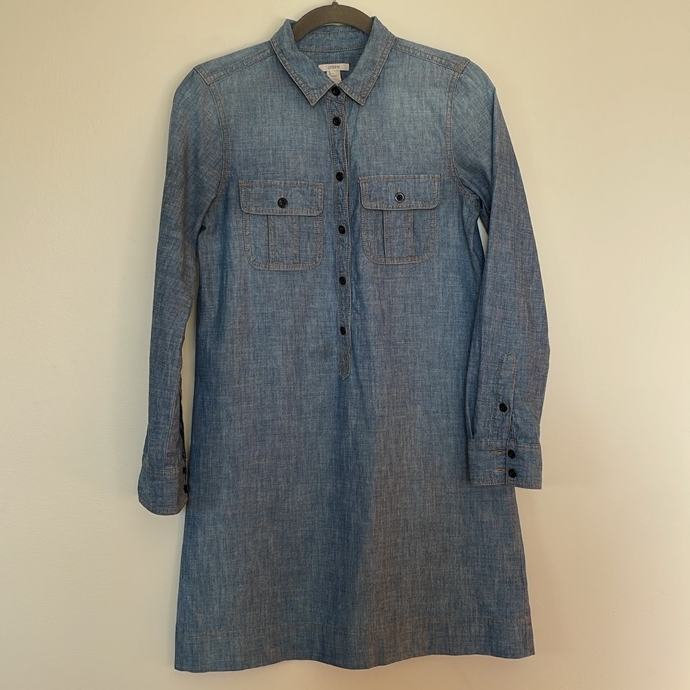 J. Crew Denim Chambray 1/2 Button Shirtdress Style#47875 w/ Tab Sleeves
